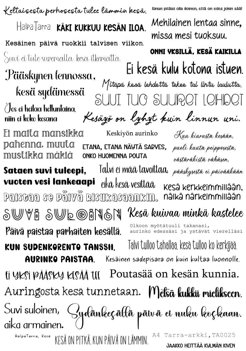 Tuote Kesäiset sananparret ja sanonnat, kalenteritarrat & askartelupaperi A4 – DIY täynnä suomalaisia kesäaiheisia sanontoja ja sananparsia eri tyylisillä mustilla fonteilla valkoisella pohjalla.