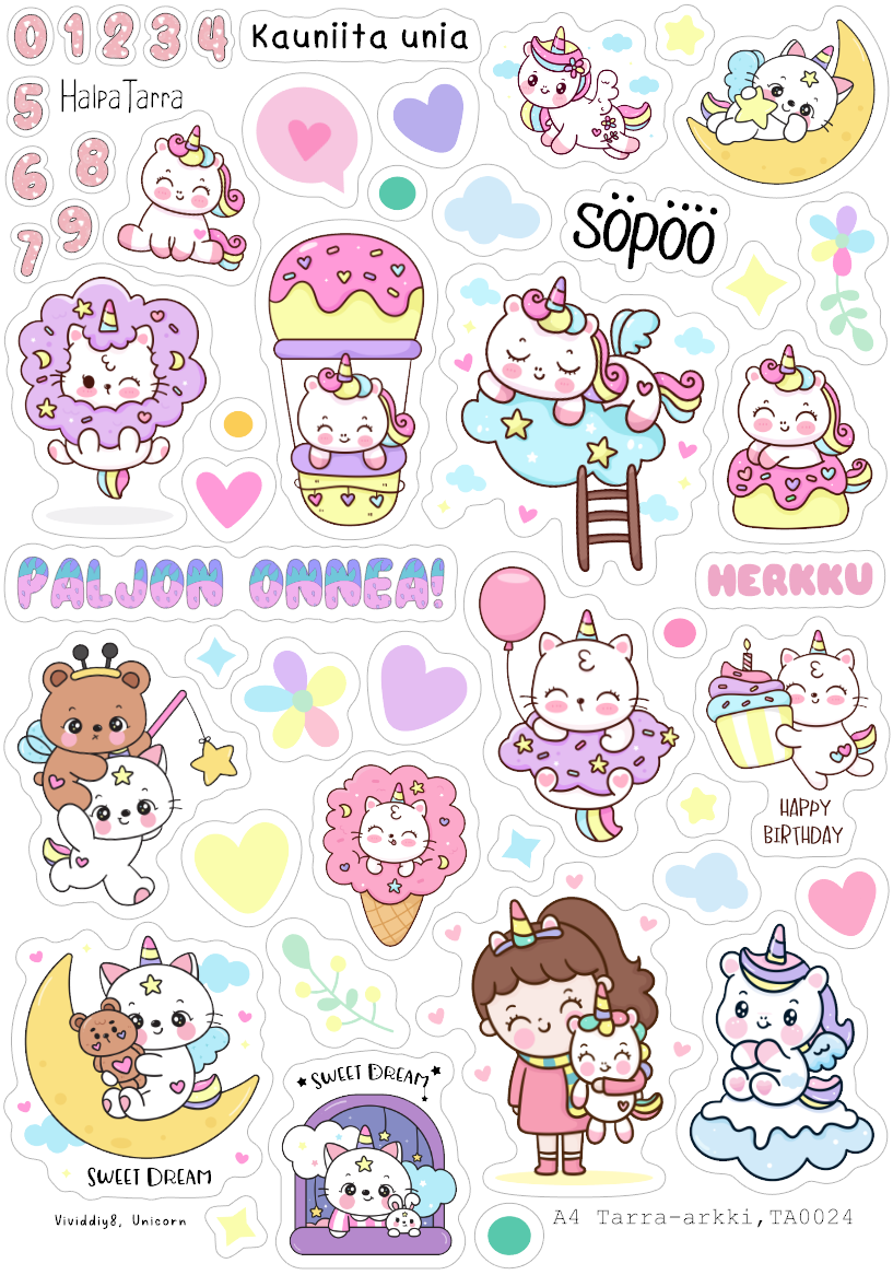 Tuote Suloiset yksisarviset ja unelmat, kalenteritarrat & askartelupaperi A4 – DIY täynnä suloiseja kawaii-tyylisiä yksisarvisia, kissahahmoja, pilviä, sydämiä ja kuppikakkuja pastelliväreissä.