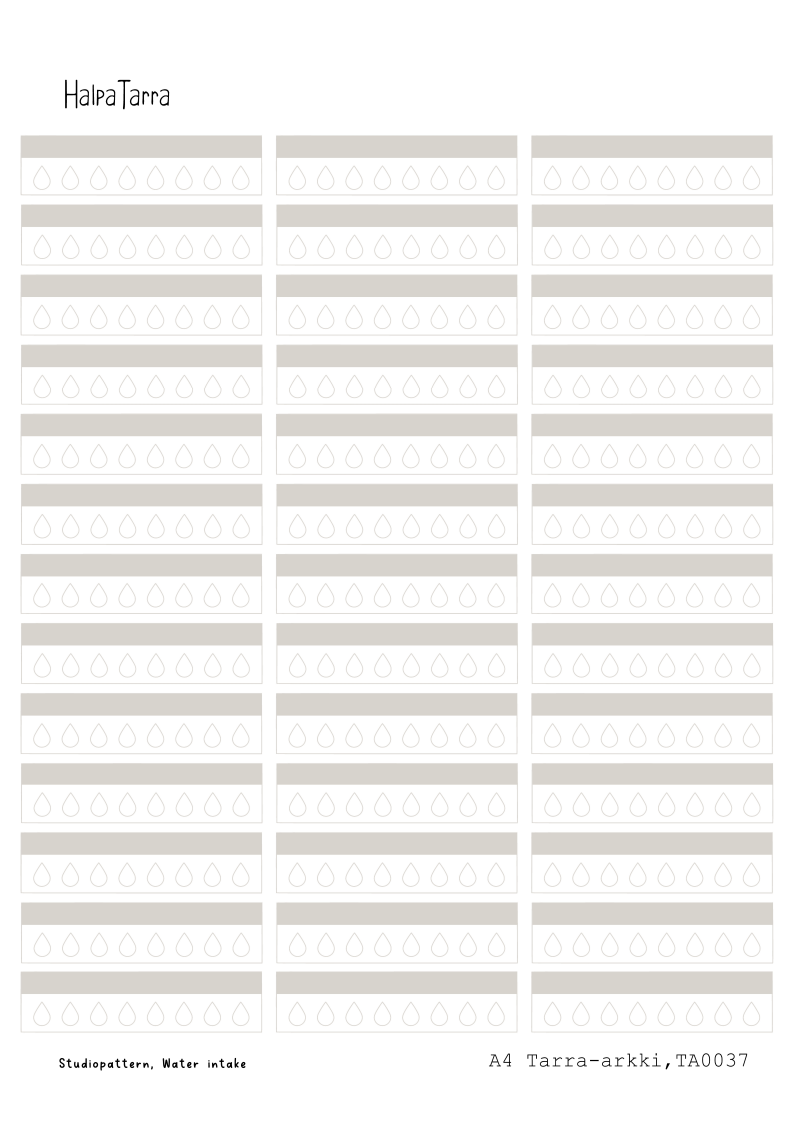 Tuote Vedenjuonnin seuranta ja habit tracker, kalenteritarrat & askartelupaperi A4 – DIY täynnä tyhjiä nesteytyksen seurantapalkkeja vesipisarakuvioilla harmaanruskeissa sävyissä.